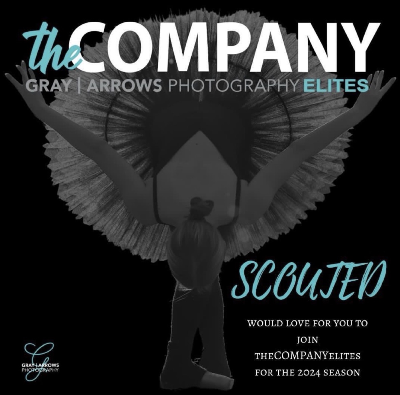 Gray Arrows Photography theCOMPANYelites scouted announcement featuring Aubrey in silhouette with a tutu
